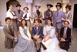 DOUBLE LIFE:  The cast of 'The Importance of Being Earnest' features some double casting: (back row, from left) Miss Prism (Carly Crow), Dr. Chasuble (Peter Buckingahm), Miss Prism (Kaylee Beardsley), Lady Bracknell (Alyssa Mickey), Miss Gwendolen Fairfax (Linnaea Marks), Mr. Jack Worthing (Jed Authier), Miss Gwendolen Fairfax (Sam Mucciacito), Merriman (Drew VanderWeele), Miss Cecily Cardew (Penny DellaPelle), Mr. Algernon Moncrieff (Isaac Capp), Miss Cecily Cardew (Sophia Lea), and Lane (Phoebe Browning). - PHOTO COURTESY OF  JAMIE FOSTER PHOTOGRAPHY