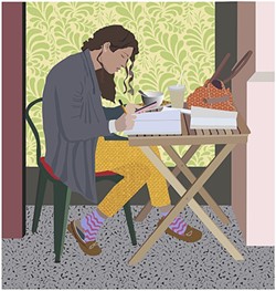 ZONING OUT:  A girl jots down a few notes at Scout Coffee Co. in downtown SLO in Julie Frankel&rsquo;s piece, 'Table for One.' - IMAGES BY JULIE FRANKEL