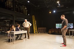 WORK IN PROGRESS:  Kevin Harris (right) directs actors (left to right) Erin Parsons, Cameron Park, and Tom Ammon during rehearsal for a production of 'Our Town,' showing through May 28. - PHOTO BY JAYSON MELLOM