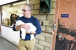 THE POUND:  Eric Anderson, director of county animal services, holds a dog in the animal shelter. SLO County recently approved funding to construct a new shelter adjacent to the Woods Humane Society shelter. - PHOTO BY JAYSON MELLOM