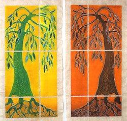 CHANGED Santa Barbara artist Sara Woodburn's woodcut collaboration with Karen R. Schroeder, Climate Change: We Are Part of It, shows one tree with the word "change" carved into it prospering, while another tree with "denial" on it withers away. - IMAGE COURTESY OF SARA WOODBURN