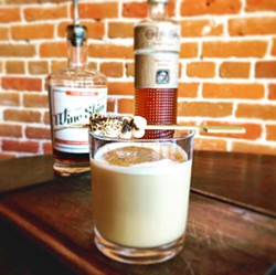 LOCALLY-CRAFTED MARVEL At Hatch Rotisserie, Robin Wolf is crafting lovely winter wonders like this concoction containing bourbon, sweet potato liqueur, Paso Wine Shine, molasses, cream, and holiday spice, with a br&ucirc;l&eacute;e marshmallow. - PHOTO COURTESY OF ROBIN KIRK WOLF