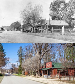 THEN AND NOW Aside from the cottonwood tree in front, planted as a sapling in 1858, not much has changed at the Pozo Saloon between these 1870s-era and 2018 photos. - PHOTOS: TOP, COURTESY OF THE SANTA MARGARITA HISTORICAL SOCIETY; BOTTOM, BY JAYSON MELLOM