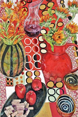 JUST RIGHT Arroyo Grande artist Patti Robbins never knows when an object might inspire her, so she keeps a table in her studio filled with things like extra glassware and wine corks (which made an appearance here in Still Life with Wine and Flowers) and a suitcase stuffed with bright, intricately patterned fabrics. - IMAGE COURTESY OF PATTI ROBBINS