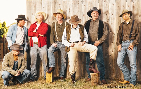 RANCH HANDS The workers at a California ranch struggle to find meaning and connection in their nomadic existence in By the Sea Productions' Of Mice and Men. From left to right: Candy (John Geever), George (Frank Moe), Carlson (Larry Barnes), Slim (Tim Linzey), Curley (M. R. Hall), the boss (Jeff Hall), and Whit (Christopher Blicha). - PHOTO COURTESY OF IAIN MACADAM
