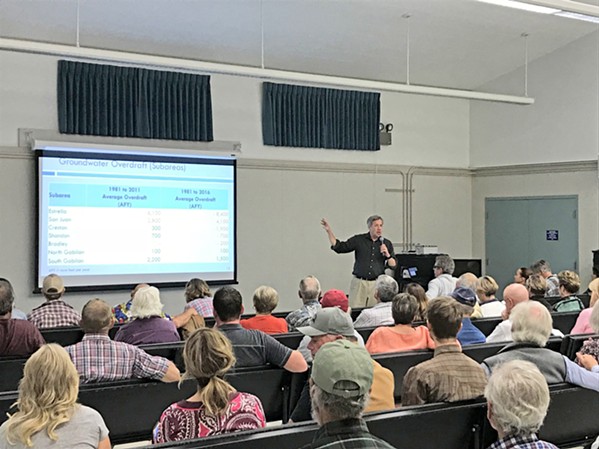 SUSTAINABILITY Hydrologist Derrik Williams briefs a roomful of Creston landowners about the region's groundwater conditions in October. Stakeholders across the Paso Robles Groundwater Basin began discussing a 20-year sustainability plan for the aquifer in 2018. - FILE PHOTO BY PETER JOHNSON