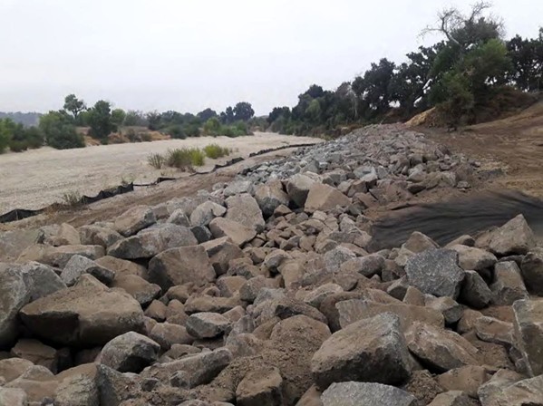 BOLSTERED More than 10,000 tons of granite was installed along a section of the Salinas River bank that was eroding and threatening a critical Paso Robles city wellfield. - PHOTO COURTESY OF THE CITY OF PASO ROBLES