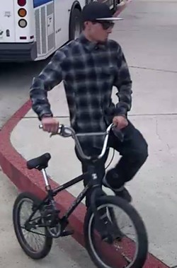 SUSPECT Grover Beach police say this individual (pictured) is a person of interest in a case where “destructive devises” are being placed and detonated in the city. - PHOTO COURTESY OF GROVER BEACH POLICE