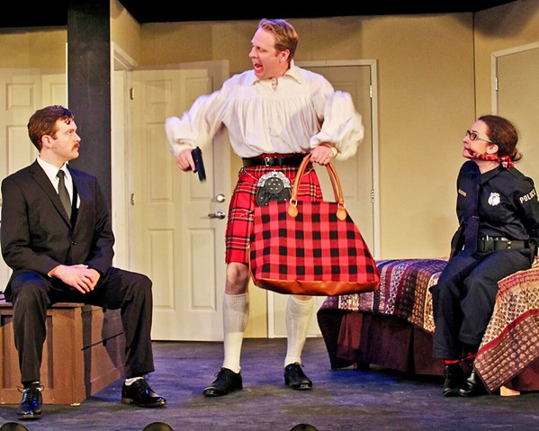 ARMED AND DANGEROUS Todd (Ben Abbott, center) just wants to play his bagpipes before he murders his victims, much to the confusion and fear of wannabe cop Billie Dwyer (Eleise Moore, right) and Agent Frank (Mike Fiore). - PHOTOS COURTESY OF THE GREAT AMERICAN MELODRAMA