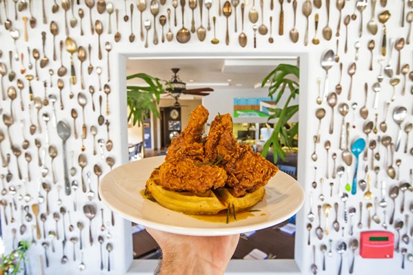 Just add syrup Readers believe that The Spoon Trade does fried chicken right. This Grover Beach hot spot serves organic fried chicken on a sourdough waffle with spiced honey, rosemary, and kimchi. Delicious for breakfast, lunch, or dinner. - PHOTO BY JAYSON MELLOM