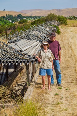 STUCK Robert Galbraith and Robin Chapman stand by their farm's irrigation pipes. They are barred from using groundwater due to SLO County regulations. - PHOTO BY JAYSON MELLOM