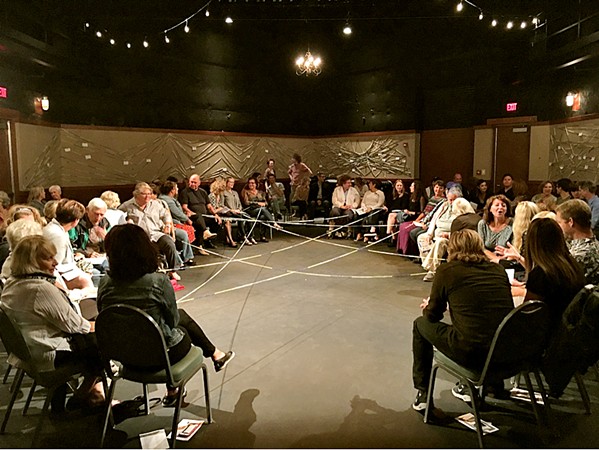 EVERYONE'S CONNECTED Audience members in Chicago create a web of yarn for a January 2019 show. Rhizome Theater Company, formed by an Arroyo Grande-raised trio, has toured the U.S. with Nice Town, Normal People. - PHOTOS COURTESY OF RHIZOME THEATER COMPANY