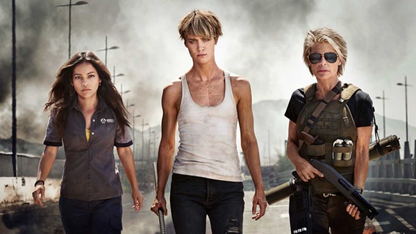 THREE STRONG (Left to right) Daniella "Dani" Ramos (Natalia Reyes) finds protection from enhanced soldier Grace (Mackenzie Davis) and Sarah Connor (Linda Hamilton) from a new Terminator out to kill Dani, the future mother of a resistance leader, in Terminator: Dark Fate. - PHOTO COURTESY OF PARAMOUNT PICTURES