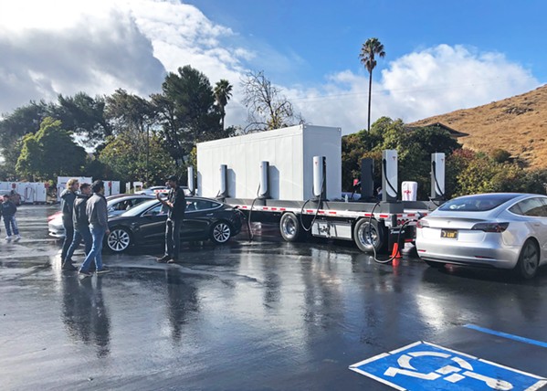 CHARGER ON WHEELS Tesla deployed one of its new megapack battery-powered mobile supercharger units at the Madonna Inn on Nov. 27, causing a stir among Tesla enthusiasts both locally and nationally. - PHOTO COURTESY OF BRIAN SWENSON