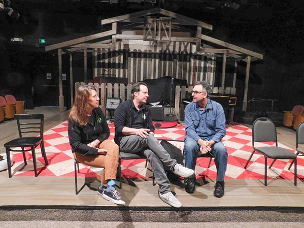 IN THE THEATER After a rehearsal, director Suzy Newman, actor Kevin Harris, and Michael Kaplan of Transitions-Mental Health Association discuss Every Brilliant Thing, a play about depression, suicide, and hope. - PHOTO COURTESY OF SLO REPERTORY THEATRE