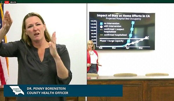 INTERPRETING Robin Babb, an American Sign Language interpreter, translates SLO County Public Health Officer Penny Borenstein during a recent COVID-19 press conference. - SCREENSHOT COURTESY OF SLO COUNTY PUBLIC HEALTH