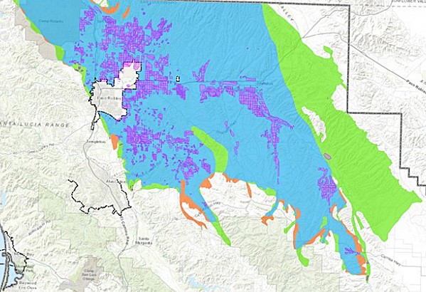NEW BOUNDARIES SLO County is considering changes to the Paso Robles Groundwater Basin boundaries. The green areas would be added; the orange removed; the blue is unaffected; and the purple is irrigated crops. - IMAGE COURTESY OF SLO COUNTY