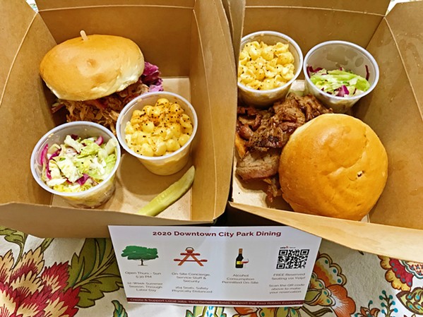 ON CUE I ordered my Jeffry's Wine Country BBQ sandwiches to-go to eat, picnic style, in the Downtown City Park. The tri-tip and chicken sandwiches were served on fresh, toasted brioche, served with mac and cheese and sesame ginger slaw sides. - PHOTOS BY BETH GIUFFRE