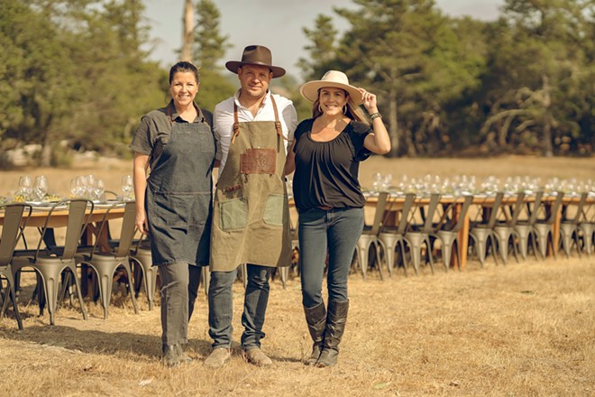 ON THE RANGE From left, chefs Rachel Ponce and Matthew Roberts, and Table &amp; Vine's Morgen Hoffman, prepare for a 50-person communal dinner atop Covell Ranch in Cambria on July 29.
