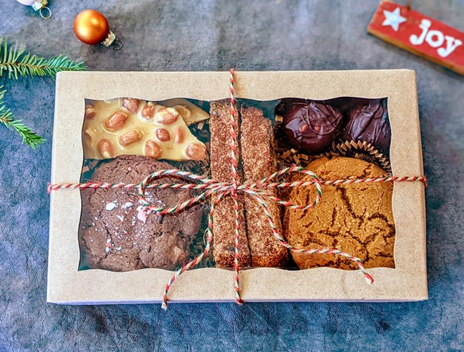 DECADENT DELIGHTS Proof and Gather's holiday cookie box includes two seasonal flavors as well as biscotti, sweet and salty bark, and other goodies.