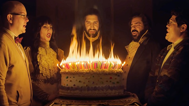 HAPPY BIRTHDAY (Left to right) Colin Robinson (Mark Proksch), Nadja (Natasia Demetriou), Nandor the Relentless (Kayvan Novak), Laszlo Cravensworth (Matt Berry), and Guillermo (Harvey Guill&eacute;n), gather to celebrate Nandor's 757th birthday, in an episode of What We Do in the Shadows, a horror comedy about vampire roommates.