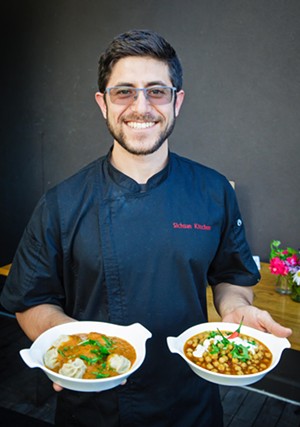 BEST CHEF Garrett Morris serves chicken momo (left), chana masala (right), and more out of his pop-up Sichuan Kitchen SLO, which Morris dreams up dishes for with the help of his years spent living in Sichuan, China, and Nepal. - PHOTO BY JAYSON MELLOM