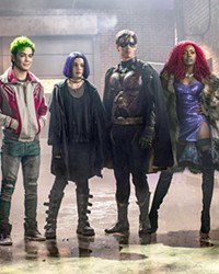 BADASS MISFITS Titans, screening on HBO Max, explores the making of young superheroes such as (left to right) Beast Boy (Ryan Potter), Raven (Teagan Croft), Robin (Brenton Thwaites), and Starfire (Anna Diop).