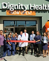 CARE Dignity Health officials, the South County Chambers of Commerce, and SLO County 4th District Supervisor Lynn Compton (second from right) celebrated Monarch Village Health Center's ribbon cutting on Oct. 28 in Nipomo.
