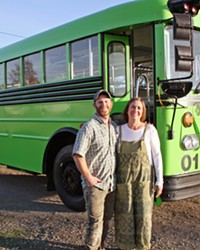 NEXT STOP, FRESH GREENS Kara Strauss, founder and owner of Bloom Microgreens in Los Osos, is the proud owner of SLO County's first functioning mobile micro-farm. Pictured with the neon green school-bus-turned-micro-farm is her husband and biggest supporter, Adam, who found the green machine on Craigslist.