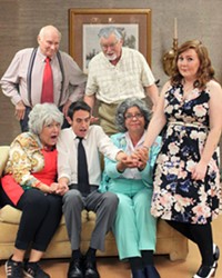 FAMILY TIES Nicky (Greg DeMartini, left of center) struggles to choose between taking a job promotion in Seattle and staying close to his grandparents in New York. Pictured: Dori Duke, seated left, as Grandma Aida; DeMartini as Nicky; Cynthia Anthony as Grandma Emma; Haley Przybyla as Caitlin, standing right; Bill Jackson as Grandpa Frank, standing left; and Tracy Mayfield as Gramps Nunzio, standing center.