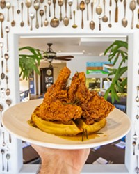 Just add syrup Readers believe that The Spoon Trade does fried chicken right. This Grover Beach hot spot serves organic fried chicken on a sourdough waffle with spiced honey, rosemary, and kimchi. Delicious for breakfast, lunch, or dinner.
