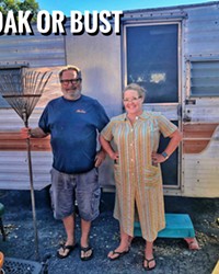 AMERICAN GOTHIC My wife and I stand in front of our 1960 Castle King trailer, where we sheltered in place during the June 20 to 21 Live Oak on the Radio virtual music festival. #LiveOakOnTheRadio
