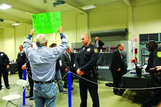 ICE TOWN:  Santa Maria became a hotbed of public outcry when the City Council approved an Immigration and Customs Enforcement (ICE) facility in town. A March 27 meeting drew record numbers of public speakers, including embattled Vandenberg Air Force Base protestor Dennis Apel. - FILE PHOTO BY AMY ASMAN